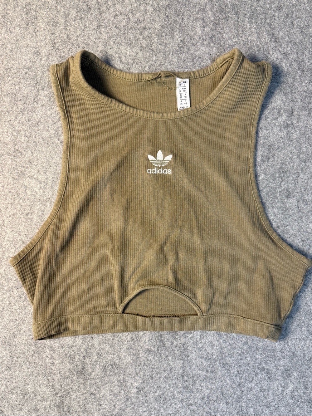 Adidas Originals Olive Green Ribbed Cutout Cropped Tank Top S⁠